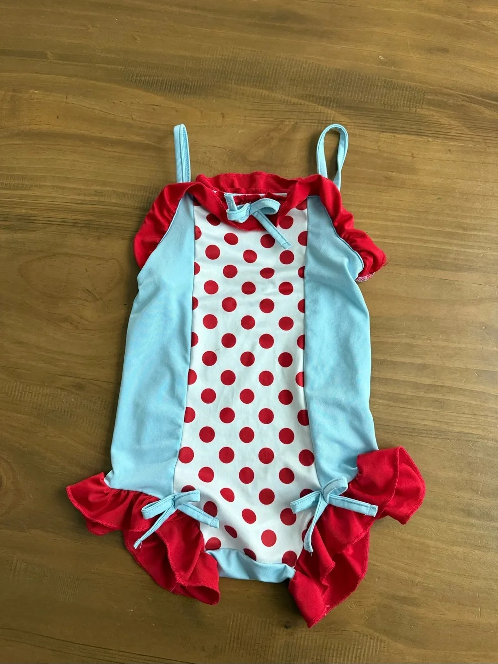 Girls Light Blue & Red Polka Dot Ruffle One-Piece Swimsuit